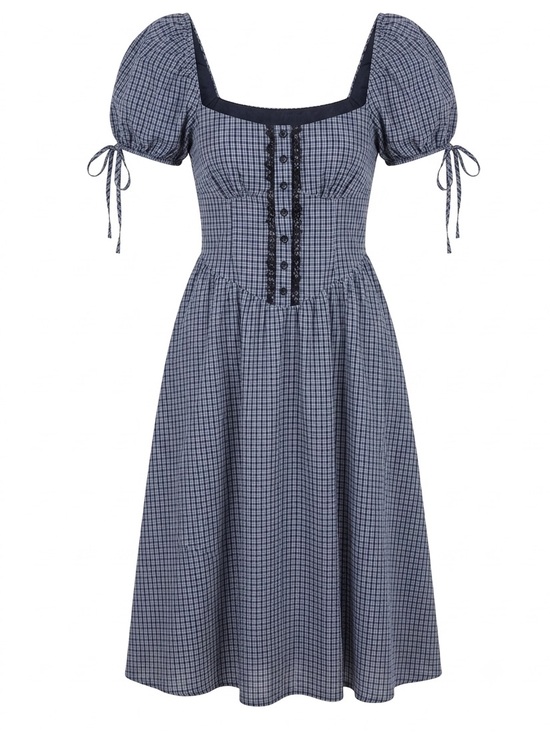 Cider Dresses & Skirts - Cider Navy Checked Puff-Sleeve Midi Dress Large NWT